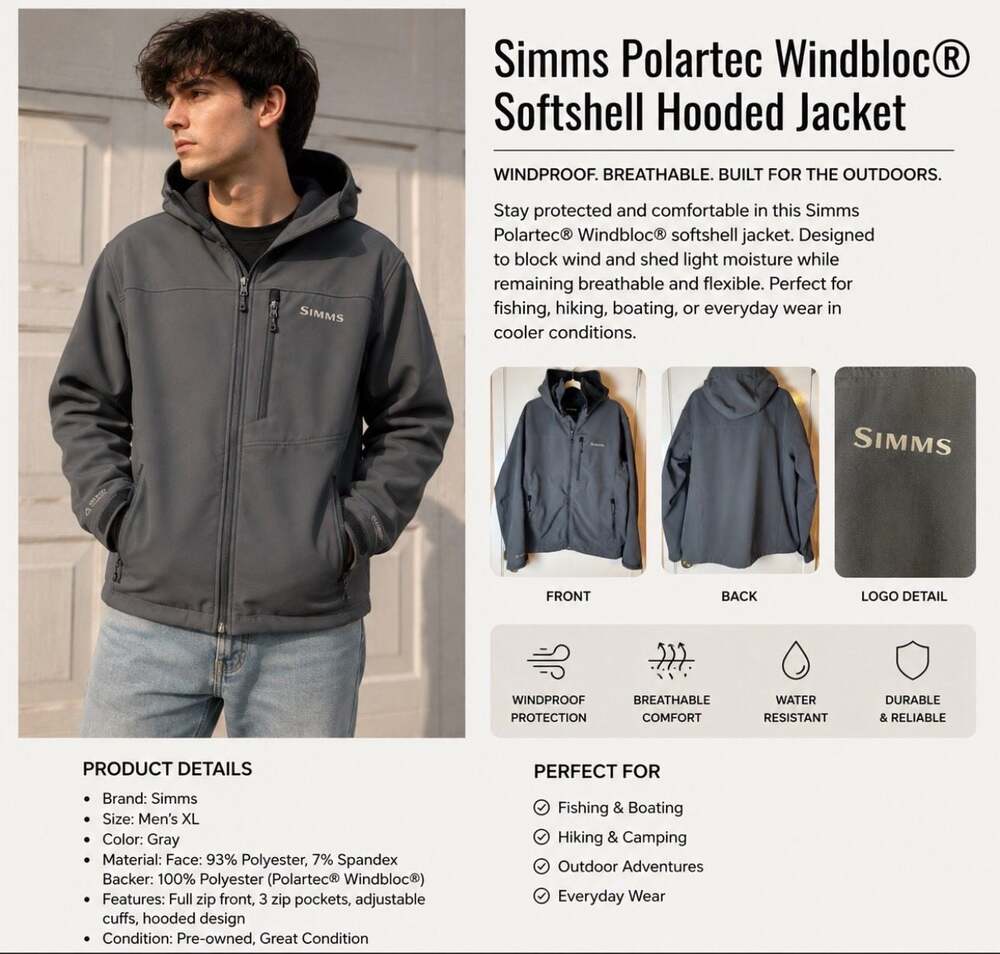 Simms Fishing Products Polartec Windbloc Hooded Softshell Jacket XL